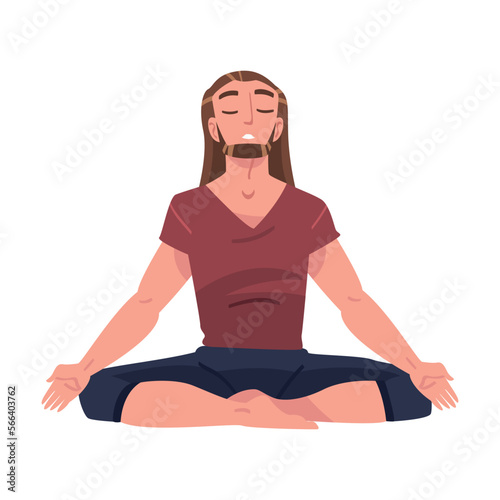 Man Character Doing Meditation Sitting in Lotus Pose Practicing Mindfulness Vector Illustration