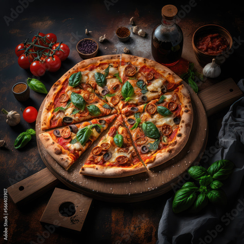 pizza with salami and olives, white background, overhead, rustic