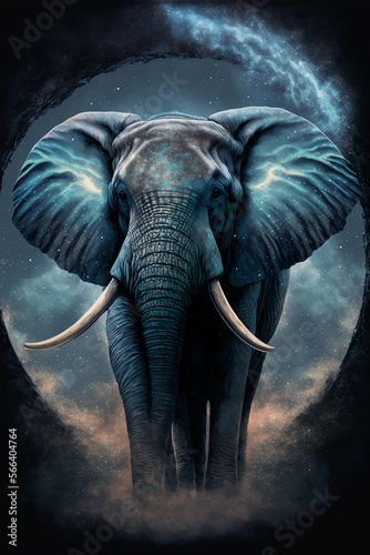 Elephant against a cloudy mystical backdrop of twinkling stars  illustration