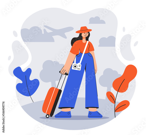 Girl or young woman with suitcase waiting for the boarding and flight with camera at the airport with nature, flat travel concept, character in flat style. Vector illustration.