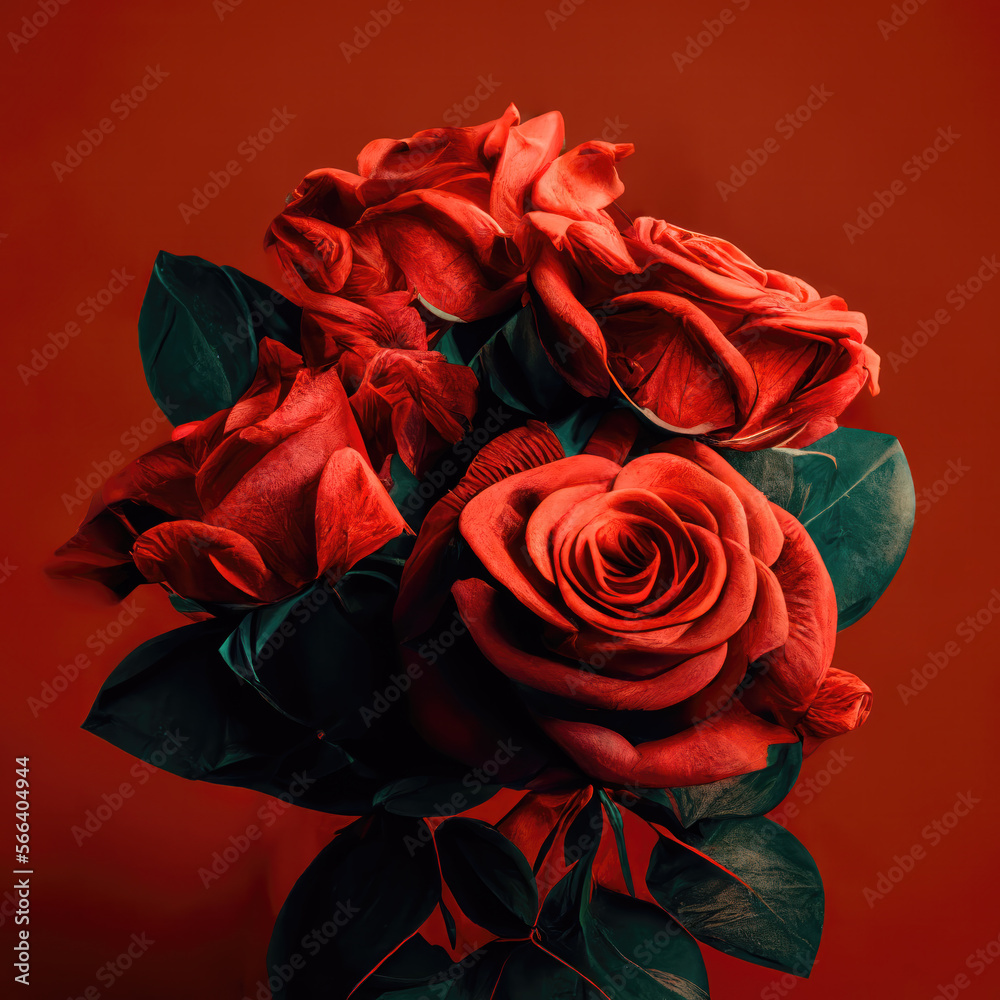 Naklejka premium bouquet of red roses with sprigs of gypsophila for Sint Valentin, lovers' day