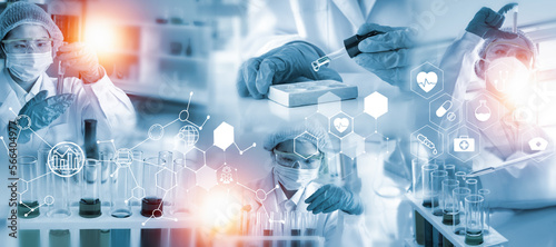 Double exposure microscope and Young woman scientific using equipment in the laboratory for research.Biotechnology,development,chemical,vaccine,COVID-19. Photo concept experimentation and research.