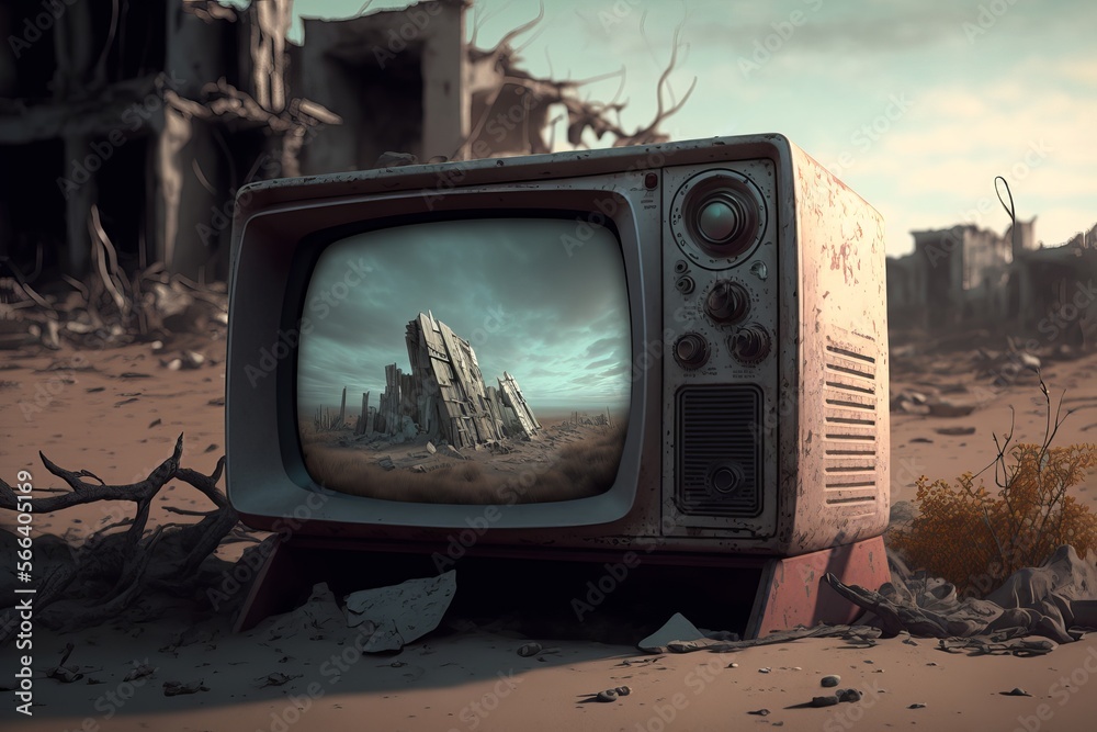 Old TV lying on the ruins of a house. Post-apocalyptic ruined city