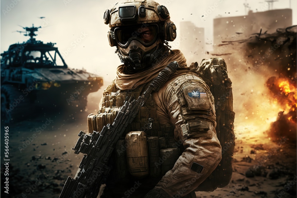 Realistic digital illustration of an elite soldier on the background of military equipment. AI