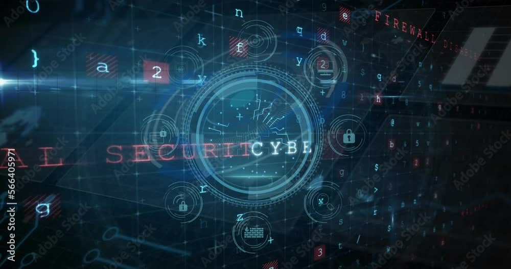 Animation of shield, padlock, icons with texts over letters, numbers, symbols on blue background Animation of shield, padlock, icons with texts over letters, numbers, symbols on blue background