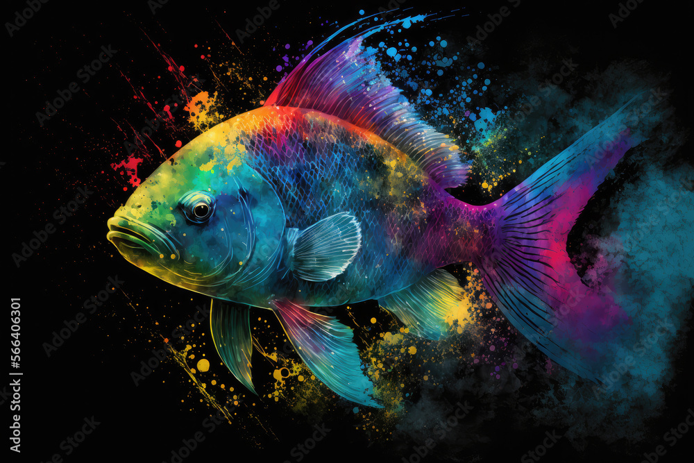 colorful, neon, RGB fish with paint splatters on a black background (generative AI)