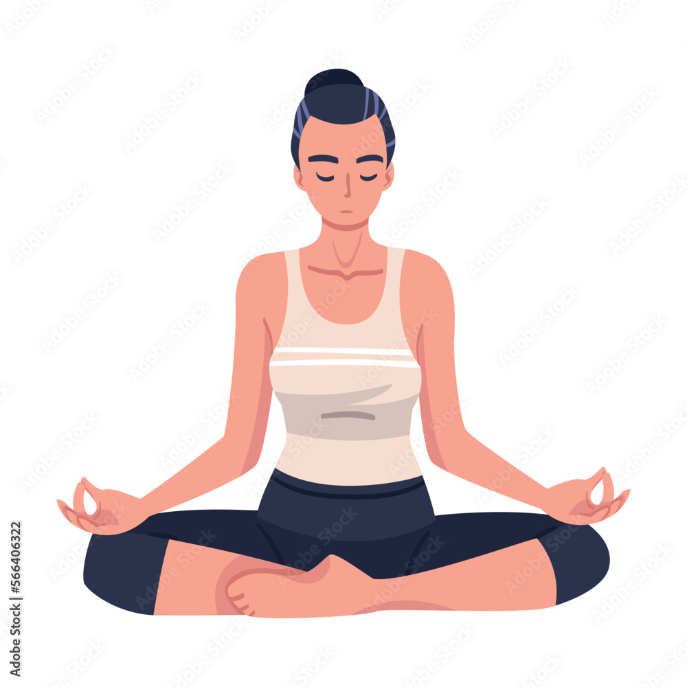Woman Character Doing Meditation Sitting in Lotus Pose Practicing Mindfulness Vector Illustration