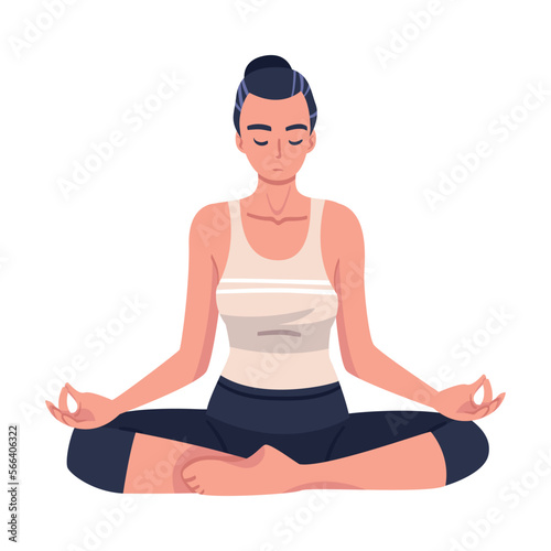 Woman Character Doing Meditation Sitting in Lotus Pose Practicing Mindfulness Vector Illustration