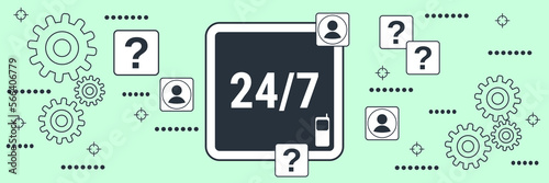 24-hour service, online support, hotline flat contour style vector concept illustration
