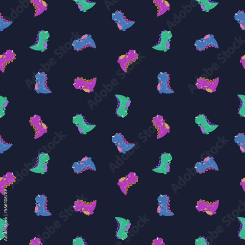 Dino pattern. Dinosaurs on blue background. Print for textiles, clothes, t-shirts, wrapping paper and more. T Rex texture. Pink, green, blue prehistoric lizard monster