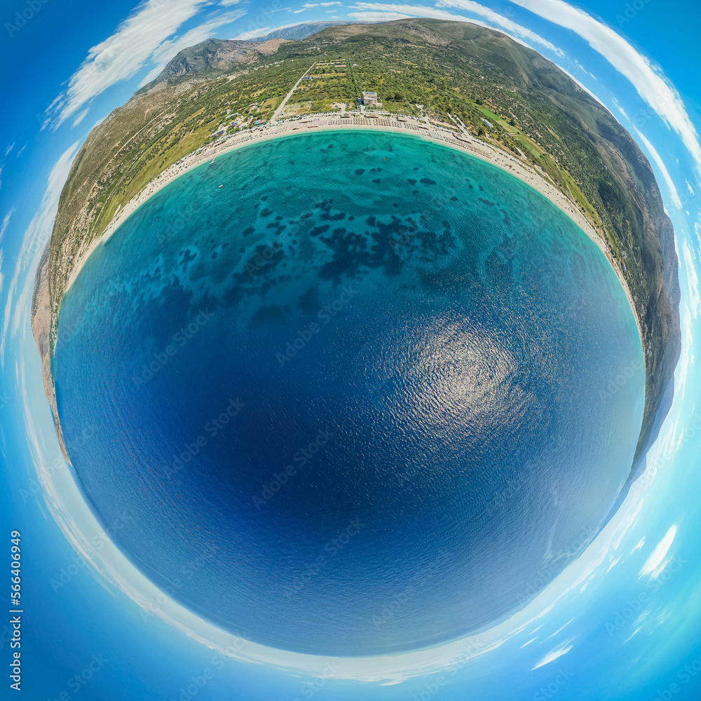 360 panorama of 7 km long beach in village Borsh, Albania in Summer 2022