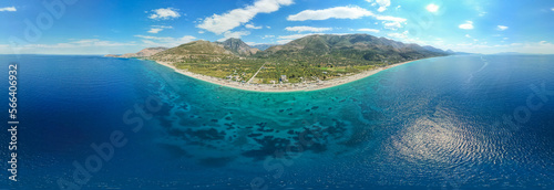 Large panorama of 7 km long beach in village Borsh, Albania in Summer 2022