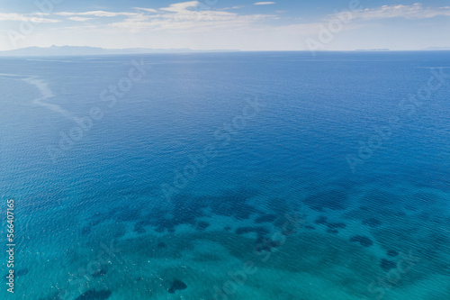 Horizon of Adriatic sea by village Borsh with turqouise blue sea water toward to Corfu island  Albania in Summer 2022