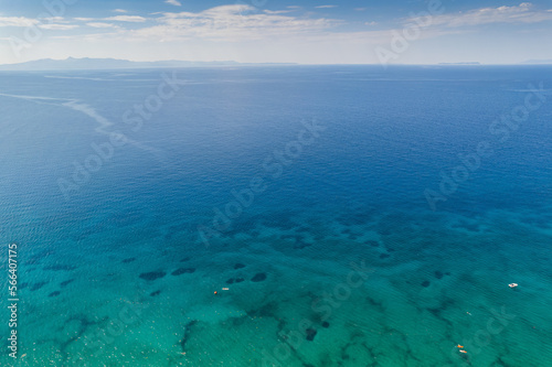 Horizon of Adriatic sea by village Borsh with turqouise blue sea water toward to Corfu island, Albania in Summer 2022