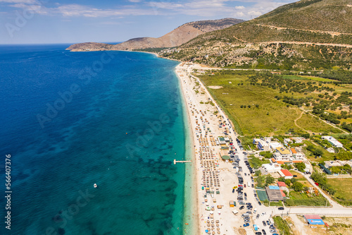 Part of shore of 7 km long beach with turquouise water in village Borsh, Albania in Summer 2022 photo