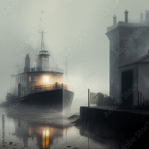 Schiffe im Hafen, Nebel, ki generated © Comofoto