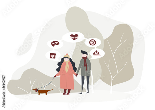 Love languages (words of affirmation, gifts, quality time, acts of services, physical touch). Couple on a walk with a sausage dog 