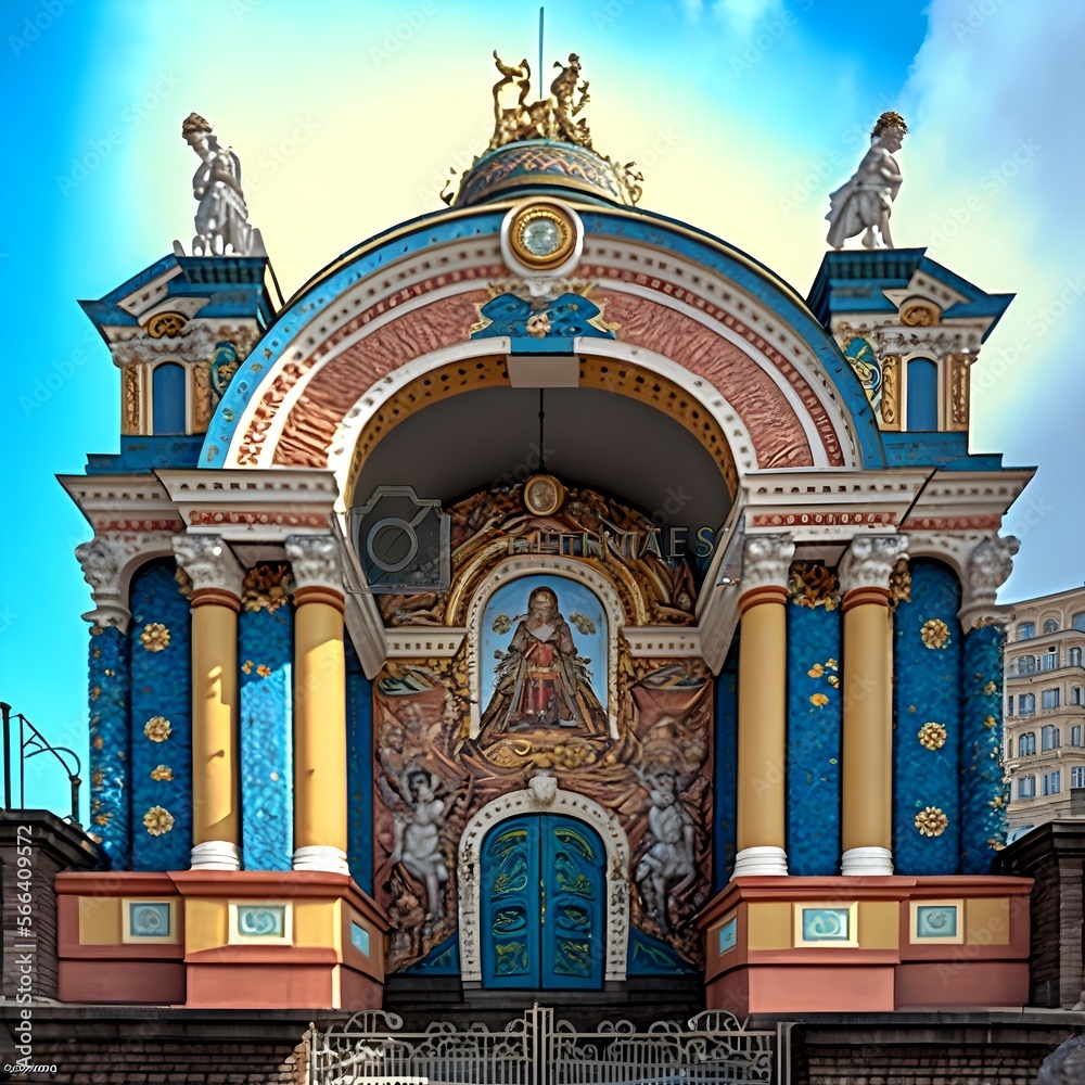 The Bogatyr Gates in Kiev in the ancient Russian massive style Main faade with a cupola shaped