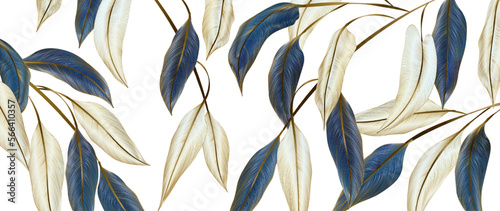 Art background with exotic tree leaves in blue and white with gold line elements. Botanical banner for decoration design, print, textile, interior design, poster.