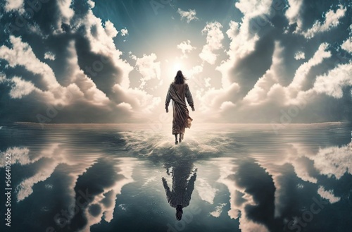 A silhouette of Jesus walking on water. AI generated art. 