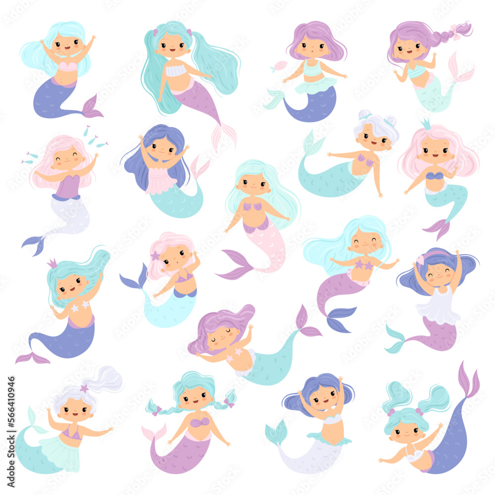 Cute little mermaids set. Cute little fairytale princesses cartoon vector