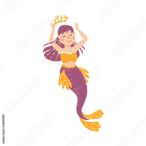 Mermaid with Wavy Purple Hair Floating Underwater Vector Illustration