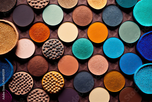 Stylish fashion eyeshadows makeup arrangement colorful pattern background. Generative AI