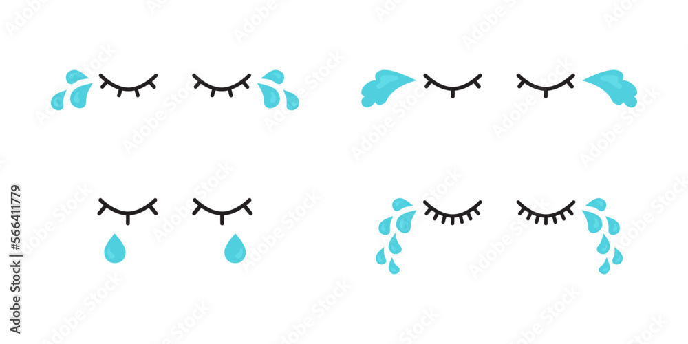 Water tears icon, cry eyes, cute character expression, woman emoji sad