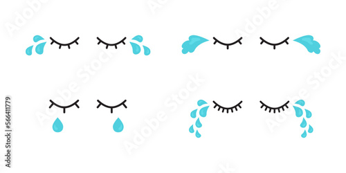 Water tears icon, cry eyes, cute character expression, woman emoji sad, blue tear drop set isolated on white background. Vector emotion illustration