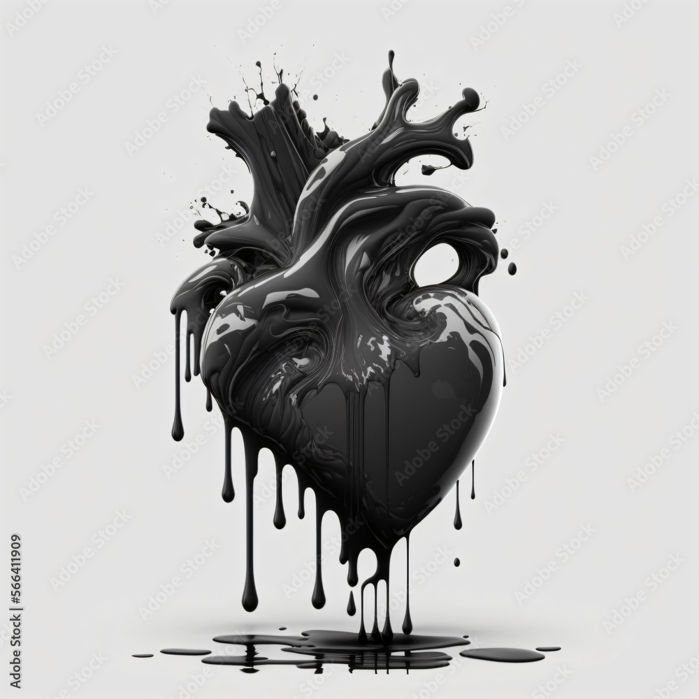 Realistic human heart melting in black ink on white background