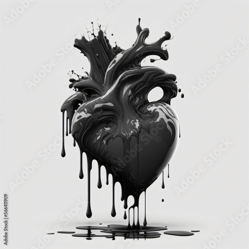 Realistic human heart melting in black ink on white background, generative ai