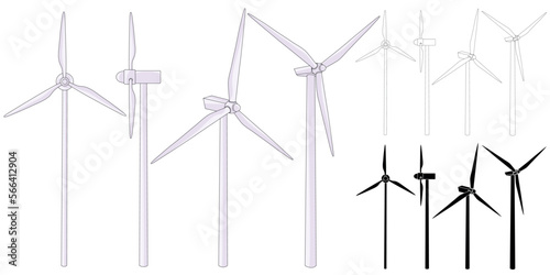 Wind farm. Illustration of a clean wind power plant generator tower. Wind power generation. Outline illustration. Wind turbine icon design collection.