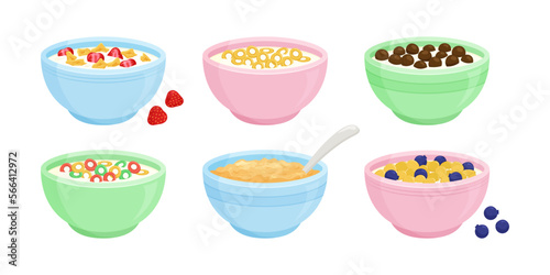 Cereal milk breakfast in bowl vector icon, cornflakes and porridge oatmeal, granola. Healthy food plate set isolated on white background. Sweet kids eating illustration