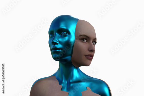 3D rendering. Merging two female heads on a white background.
