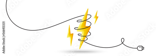 Energy crisis background. Realistic 3d lightning bolt wrapped with cord. Electric power thunder bolt banner. Flash energy, electric voltage. 3d lightning electricity crisis icon. Vector illustration