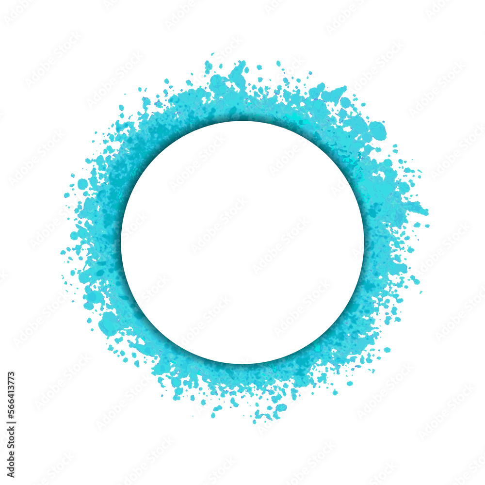 Turquoise droplets round frame or splashes, empty center for text or any object. Cyan, blue design. Bright circle made of tiny uneven rounded dots. Png