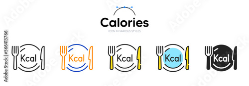 Calories line icon in different styles. Bicolor outline stroke style. Kcal diet symbol for web ui, mobile application. Low calories health food. Loss weight, low kcal food. Vector