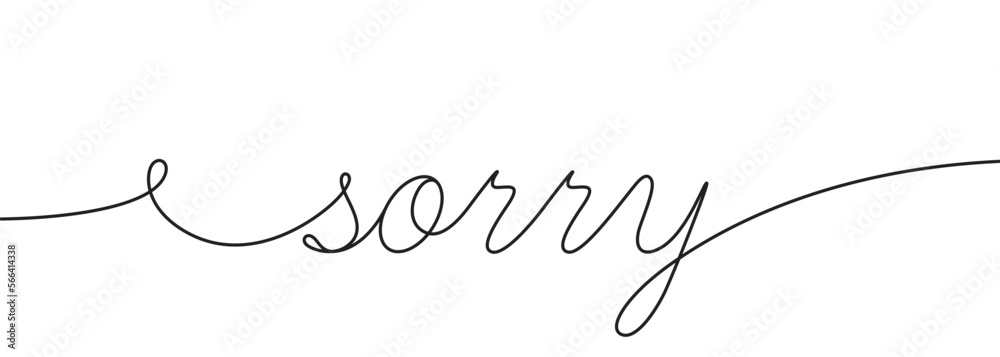 Sorry background with single line. Handwriting forgiveness word. Apology calligraphy. Continuous line drawing. Page not found, 404 error apology. Sorry under construction. Vector illustration