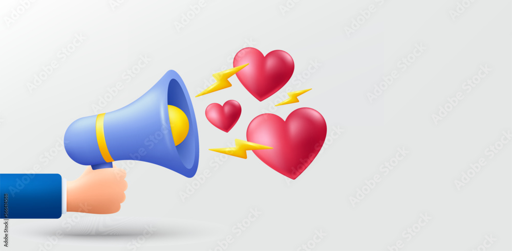 Love offer background. Realistic 3d hand hold megaphone icon with hearts. Valentine day or Mother day decoration. Cute 3d heart. Love dating banner. Happy Valentine day holiday. Vector illustration