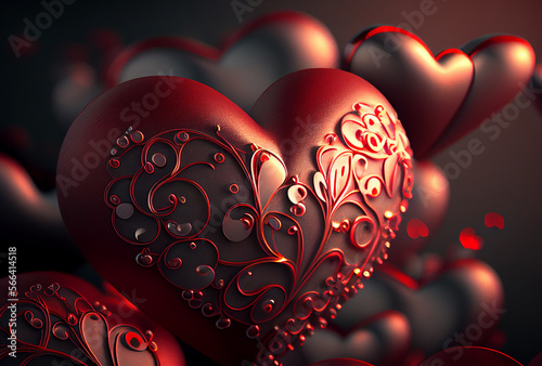 Heart on red background. Valentine's Day AI Generative Illustration. Valentine day background, red hearts. Red hearts love macro concept. Heart for the beloved. Feast Holiday of love and lovers.