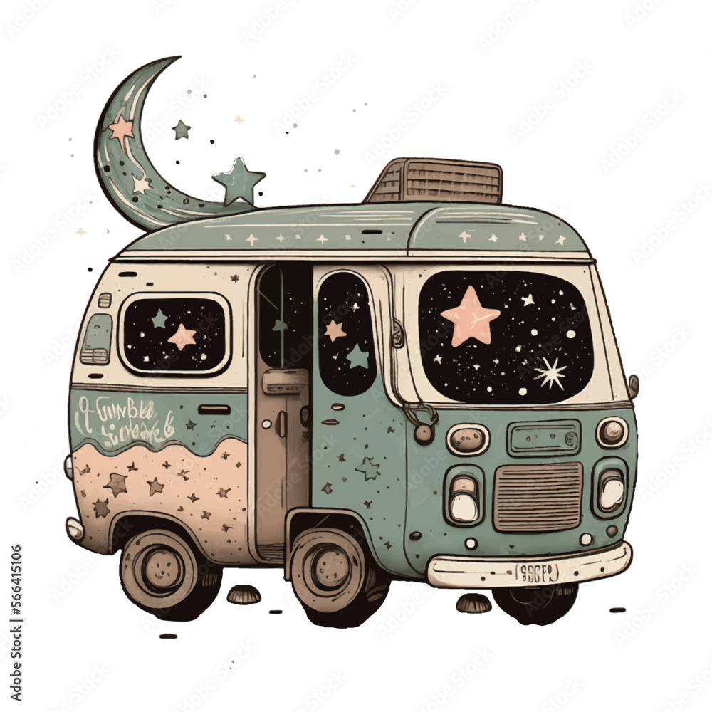retro glamping camper van 1970s style cartoon drawing Stock Vector ...