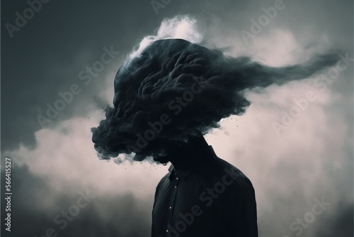 Created with Generative AI technology. businessman with head in the clouds having negative thoughts. photo