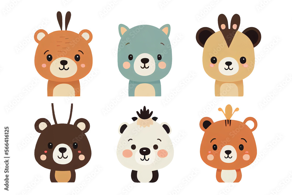 Fototapeta premium Cute unusual little animal illustration set on isolated white background. Hand drawn happy animals face collection for baby or kids design.
