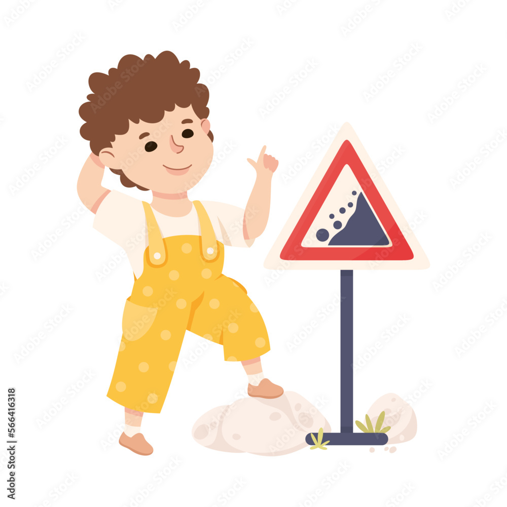 Cute Boy Standing Near Falling Rocks Traffic Sign on Pole Learning Rules of Road Vector Illustration Cute Boy Standing Near Falling Rocks Traffic Sign on Pole Learning Rules of Road Vector Illustration