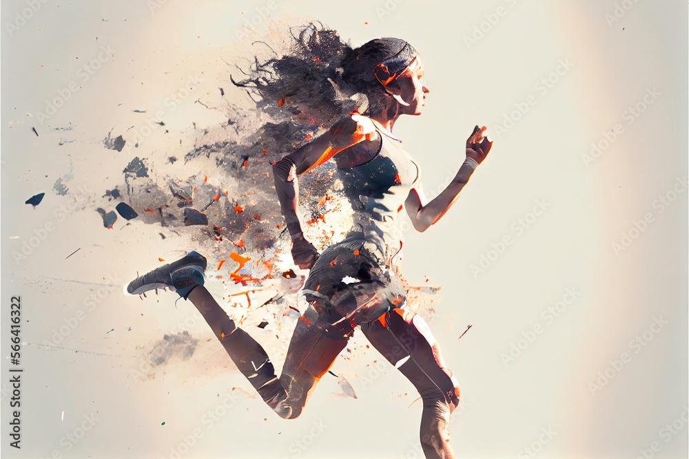 Generative AI of Illustration a woman runner who is disintegrating as they run, bits flying behind them as the move