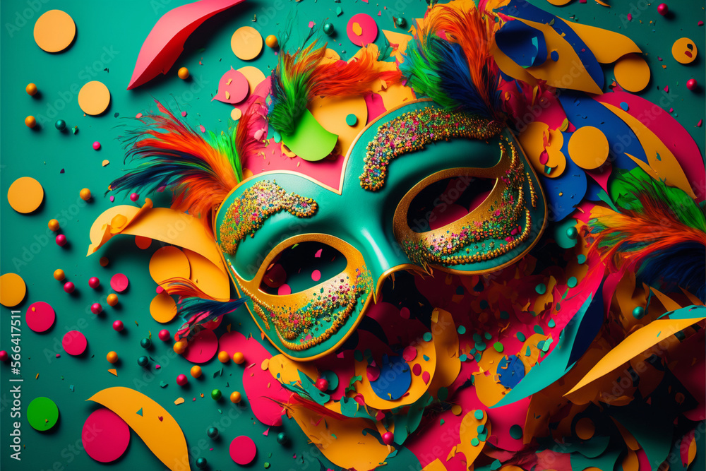 Brazilian carnival mask and confetti in the background. Generative Ai. 