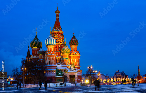 Scenic night view of famous nine domed Saint Basils Cathedral or Pokrovsky Cathedral on Red Square in Moscow. Popular cultural symbols of Russia..