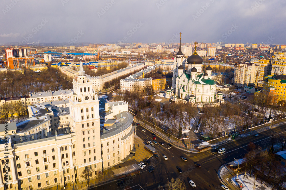 Cathedral of the Annunciation and the clock tower of the South-Eastern Railway building frome drone in Voronezh, Russia