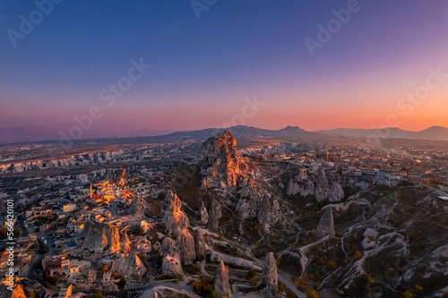 Landscape Ancient town of Uchisar castle at sunset, Cappadocia Turkey, aerial top view
