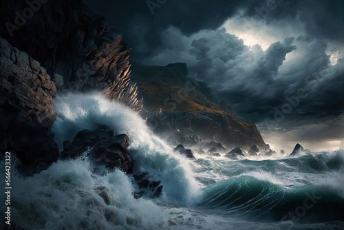Thunderstorm over a rugged coastline with crashing waves, sea, ocean, wave, water, waves, storm, nature, sky, landscape, coast, rock, surf, beach, splash, clouds, power, mountain, waterfall, spray